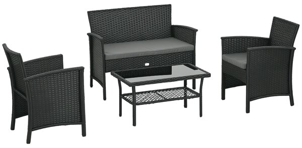 Outsunny Salotto da Esterno Rattan PE con Divanetto, 2 Poltrone con Cuscini e Tavolino in Vetro, Nero e Grigio|Aosom