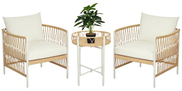 Outsunny Set da Giardino Stile Boho in Rattan con 2 Sedie con Cuscini e Tavolino Rotondo, Giallo