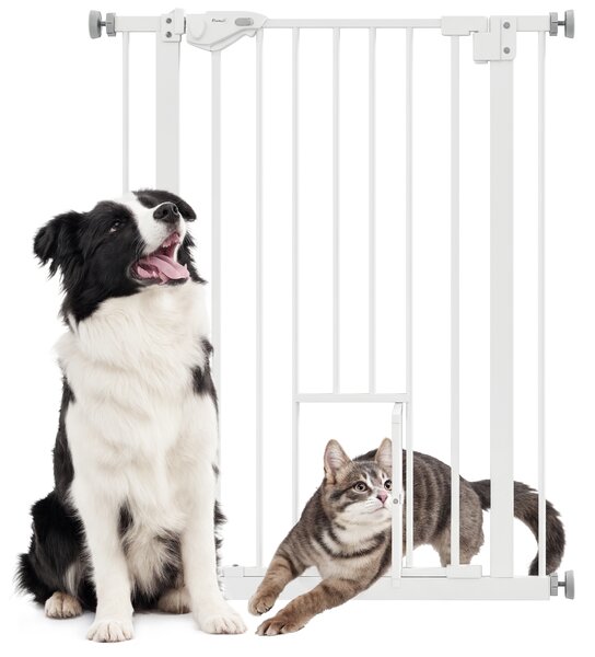PawHut Cancelletto per Cani con Porta Piccola, Montaggio a Pressione e Chiusura Automatica, 74-80x91.4cm, Bianco