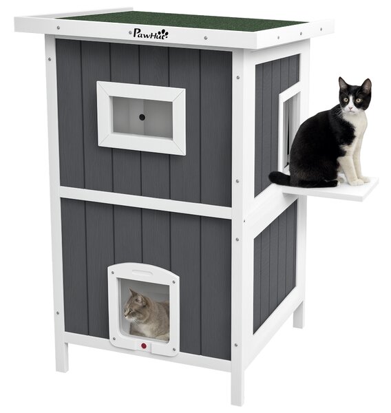 PawHut Cuccia per Gatti da Esterno in Legno a 2 Livelli con Tetto in Asfalto e 4 Porte, 60x60x90.5cm, Grigio|Aosom