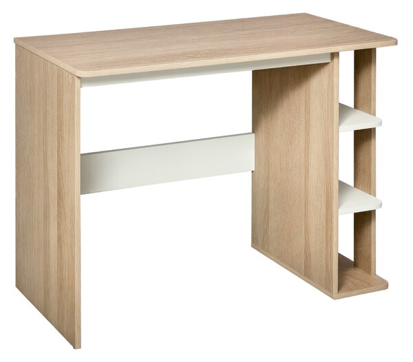 HOMCOM Scrivania Moderna in Legno con Scaffale a 3 Ripiani, 100x44x74cm, Bianco e Quercia|Aosom