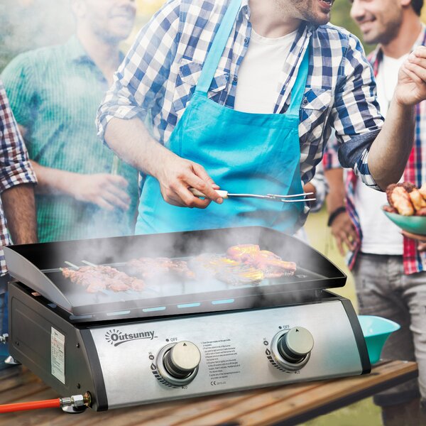 Outsunny Piastra Barbecue a Gas da Tavolo con 2 Bruciatori e Potenza 6kW, 48.5x46x21cm, Nero|Aosom