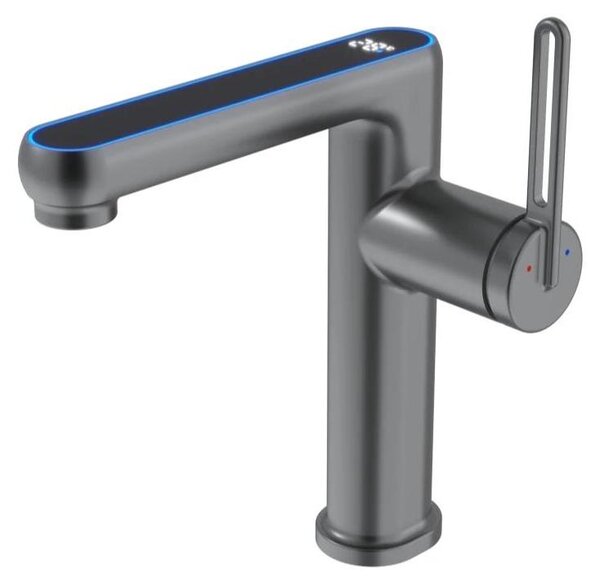 Miscelatore monocomando per lavabo con LED - Rubinetto monoleva per bagno - Indicatore di temperatura - 2 tipi di getto - Miscelatore monocomando per acqua calda e fredda - Grigio metallizzato