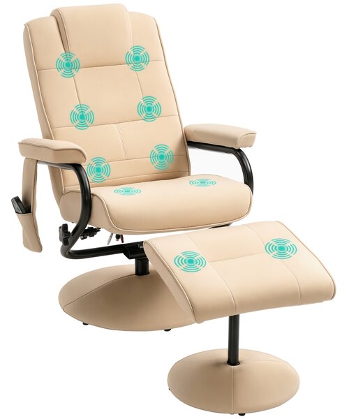 HOMCOM Poltrona Relax con Pouf Poggiapiedi Reclinabile a 145° con 10 Punti Massaggio e Telecomando in Finta Pelle, Crema