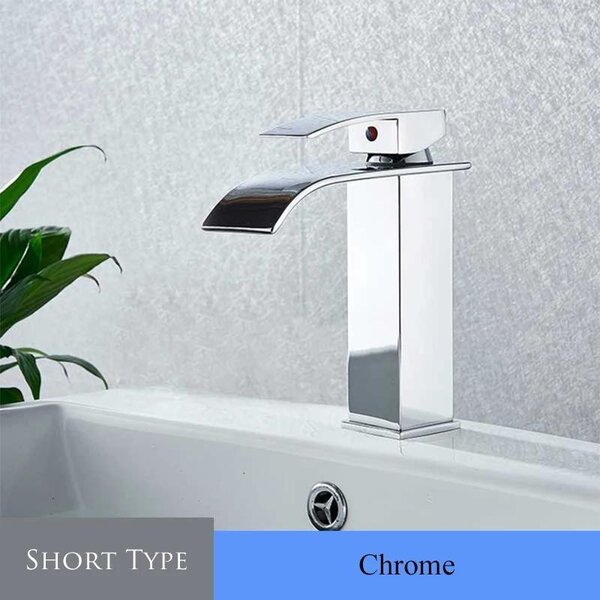 Miscelatore per lavabo a cascata, design squadrato, monocomando, installazione monoblocco per lavabo da appoggio, rubinetto per acqua calda e fredda, modello a basso sporgimento, finitura cromata