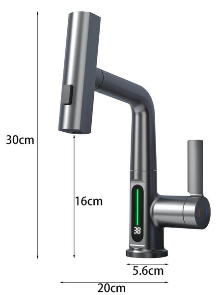 Miscelatore da cucina intelligente - Miscelatore con display digitale - Bocchetta a cascata - Doccetta estraibile - Sensore per acqua calda/fredda - Orientabile - Grigio gunmetal