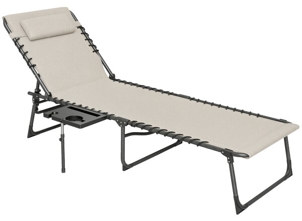 Outsunny Sdraio Pieghevole e Reclinabile a 5 Livelli con Tavolino Laterale e Tasca, 60x190x31 cm, Crema