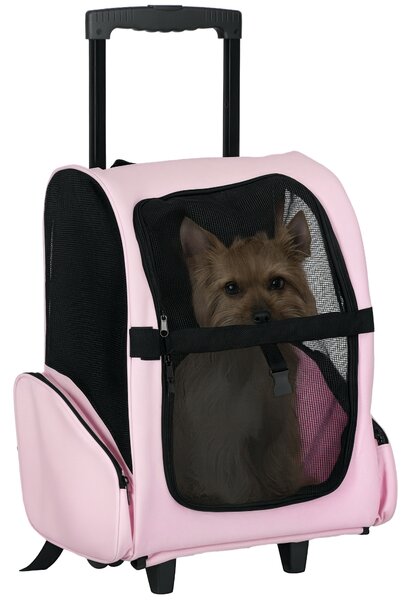 PawHut Trasportino Zaino 2 in 1 per Cani e Gatti con Tasche Laterali, Maniglia Telescopica e Ruote, 42x25x55cm, Rosa|Aosom