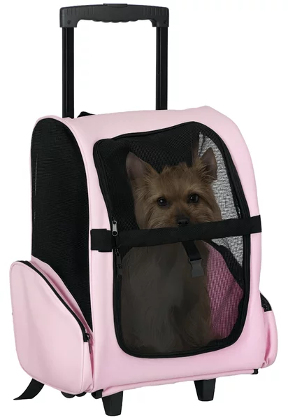 PawHut Trasportino Zaino 2 in 1 per Cani e Gatti con Tasche Laterali, Maniglia Telescopica e Ruote, 42x25x55cm, Rosa|Aosom