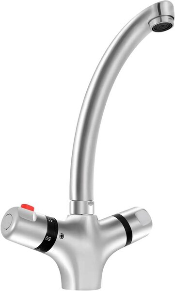 Miscelatore monocomando con termostato - Acqua calda e fredda - Ottone - Finitura lucida - Bocchetta girevole - Montaggio su piano con un foro