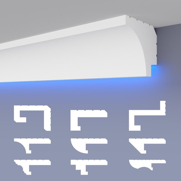 Profilo LED per illuminazione indiretta, listelli decorativi, pannelli in XPS (polistirene estruso), soffitto in cartongesso
