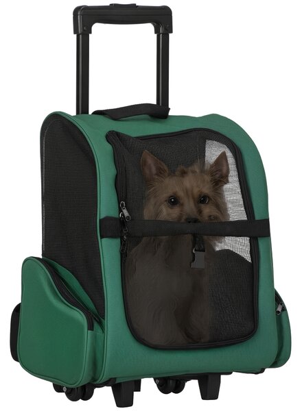 PawHut Trasportino Zaino 2 in 1 per Cani e Gatti con Tasche Laterali, Maniglia Telescopica e Ruote, 42x25x55cm, Verde|Aosom