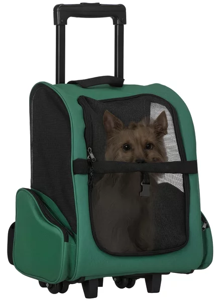 PawHut Trasportino Zaino 2 in 1 per Cani e Gatti con Tasche Laterali, Maniglia Telescopica e Ruote, 42x25x55cm, Verde|Aosom