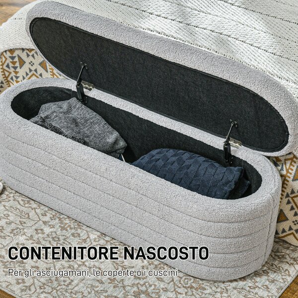 HOMCOM Panca Fondo Letto in Tessuto Teddy con Vano Contenitore, 116x41x40.5cm, Grigio Chiaro