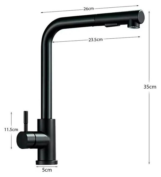 Miscelatore per lavello – Miscelatore da cucina estraibile – Miscelatore monocomando – Girevole a 360° – Doccetta con 2 getti – Ottone – Nero opaco