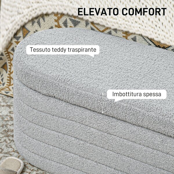HOMCOM Panca Fondo Letto in Tessuto Teddy con Vano Contenitore, 116x41x40.5cm, Grigio Chiaro