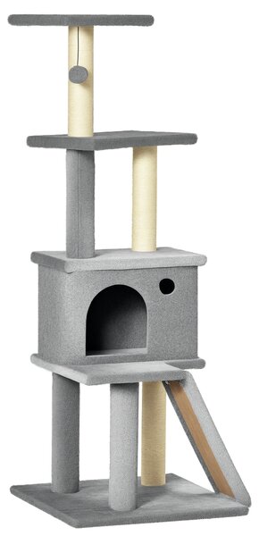 PawHut Albero Tiragraffi Multilivello con Casetta, Scala, Pallina e Pali in Sisal, 48x48x125 cm, Grigio | Aosom Italy