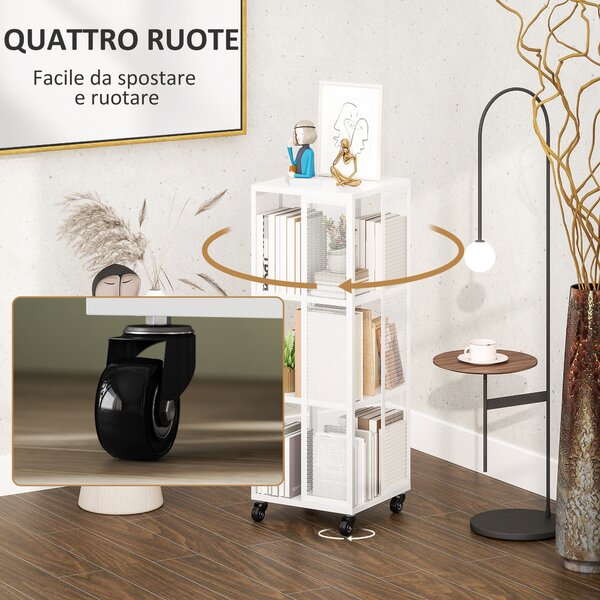 HOMCOM Libreria Moderna a 3 Ripiani in Metallo a Rete con Ruote, 35x35x99 cm, Bianco