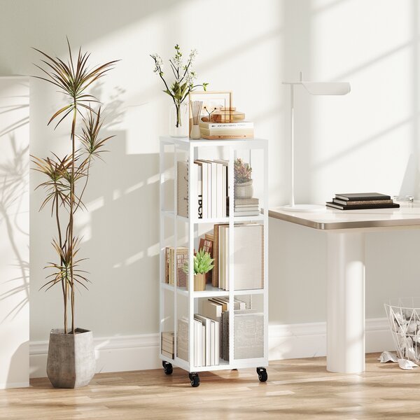 HOMCOM Libreria Moderna a 3 Ripiani in Metallo a Rete con Ruote, 35x35x99 cm, Bianco