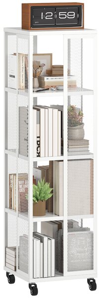 Libreria Moderna a 4 Ripiani 35x35x129 cm con Ruote in Metallo a Rete Bianco