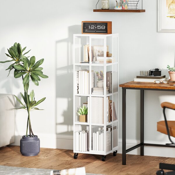 Libreria Moderna a 4 Ripiani 35x35x129 cm con Ruote in Metallo a Rete Bianco