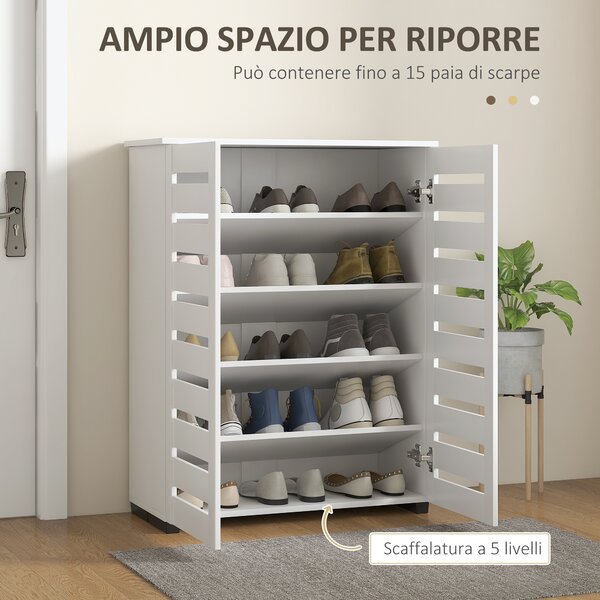 HOMCOM Mobile Scarpiera Moderno a 5 Livelli con 4 Ripiani Regolabili e Ante a Doghe, per 15 paia di scarpe in Legno, 76x33Px98 cm, Bianco | Aosom Italy