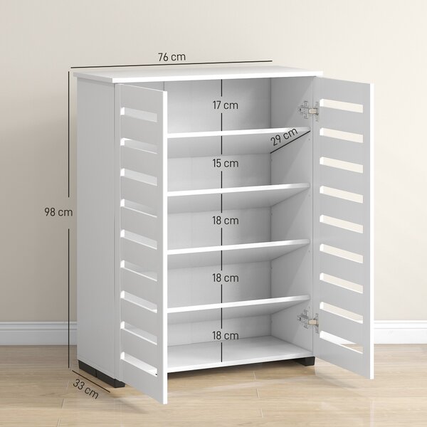 HOMCOM Mobile Scarpiera Moderno a 5 Livelli con 4 Ripiani Regolabili e Ante a Doghe, per 15 paia di scarpe in Legno, 76x33Px98 cm, Bianco | Aosom Italy