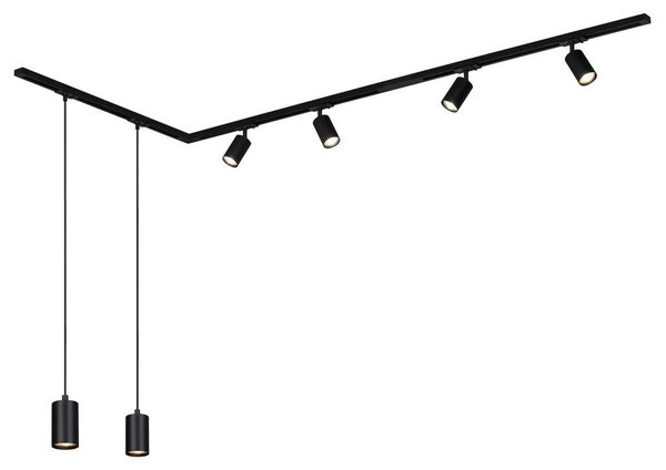 Sistema a binario Briloner Rail, set completo, 4 faretti GU10, 2 pendenti GU10, orientabili, forma a L, nero, 2,25 m