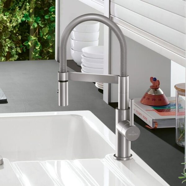 Villeroy & Boch Steel Expert Compact - Miscelatore per lavello con braccio flessibile e doccia, acciaio inox 927300LC