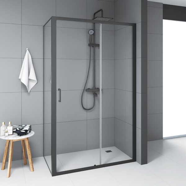 Cabina doccia 80x120 Marwell vetro Factory ingresso frontale, nero, 80 x 120 x 200 cm - Cabina doccia con telaio in alluminio nero opaco - Cabina doccia con porta scorrevole