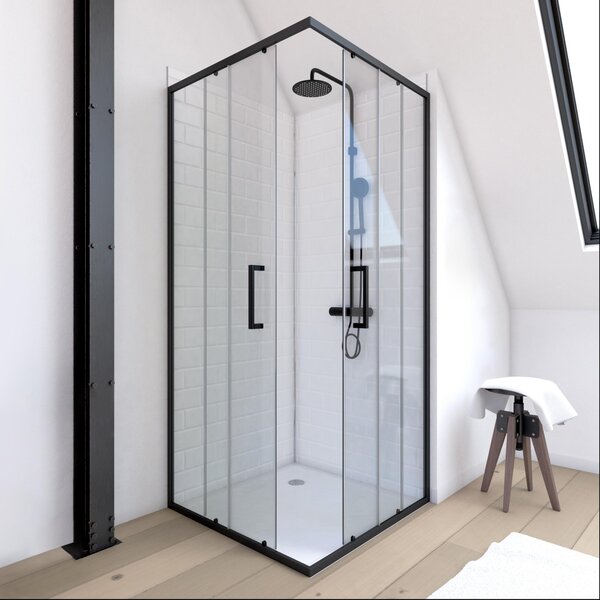 Cabina doccia 90x90 MARWELL Factory 90x90x200 cm - doccia ad angolo Doccia con telaio in alluminio opaco nero - con porta scorrevole