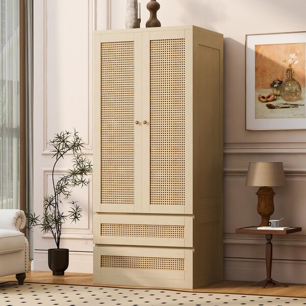 Armadio angolare a 2 ante, con 2 cassetti, in rattan. Armadio da ingresso con barra appendiabiti, dimensioni 70x55x170 cm, finitura naturale