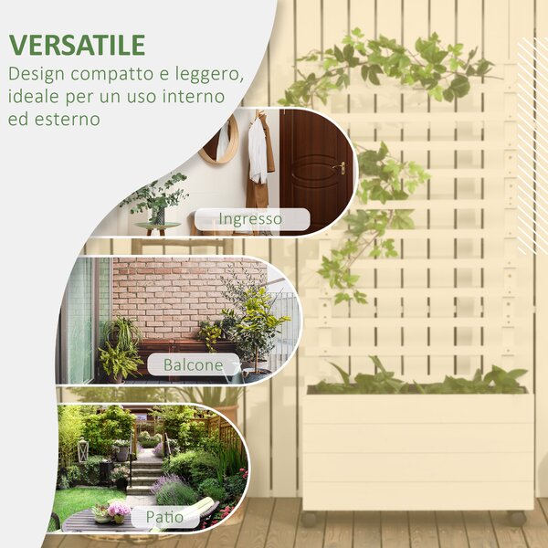 Outsunny Fioriera Verticale con 4 Ruote e Traliccio per Piante Rampicanti in Legno, 76x30x155cm, Bianco|Aosom