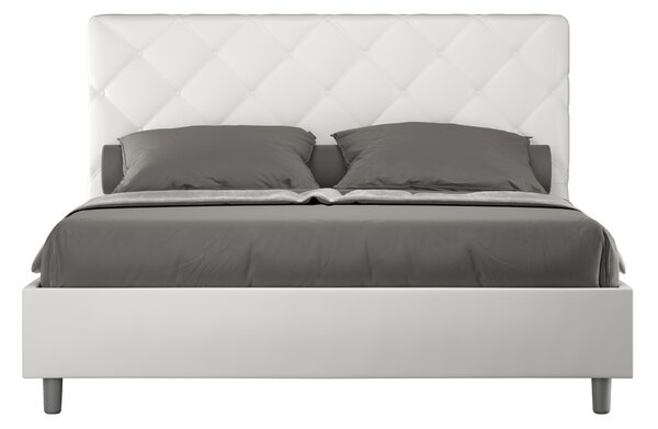 Letto Matrimoniale 160x190 cm con Rete e Contenitore con Testata e Alzata Comoda Imbottito in Similpelle Priya Bianco