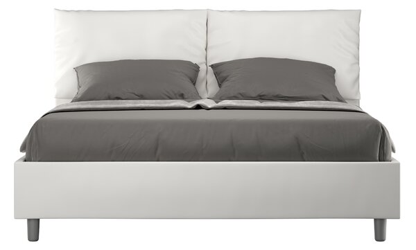 Letto Matrimoniale 160x190 cm con Rete e Contenitore con Alzata Comoda Imbottito in Similpelle Antea Bianco