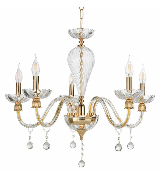 ROXANNE LAMPADARIO 5 LUCI IN CRISTALLO CON PENDAGLIERIA E MONTATURA ORO