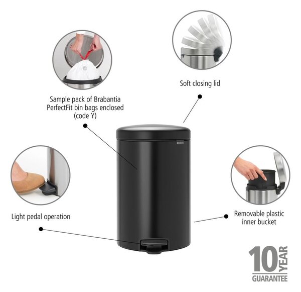 Cestino per la spazzatura nero opaco in acciaio con pedale 20 l NewIcon – Brabantia