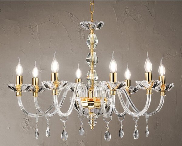 BRIGIDA LAMPADARIO A SOSPENSIONE CLASSICO IN VETRO E CRISTALLO A 8 LUCI FINITURA ORO DI CICIRIELLO