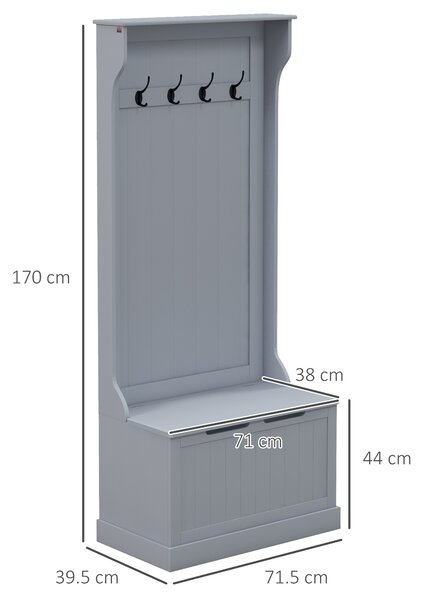 HOMCOM Mobile Appendiabiti 3 in 1 con 4 Ganci e Panca Contenitore, in Legno, 71.5x39.5x170 cm, Grigio