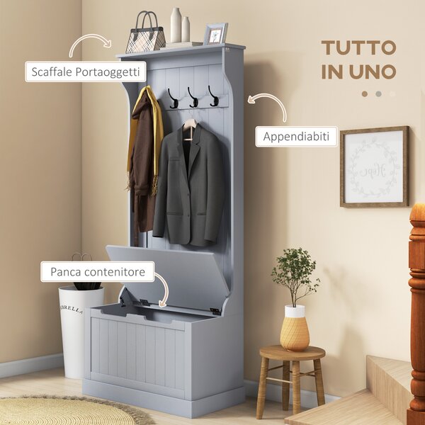 HOMCOM Mobile Appendiabiti 3 in 1 con 4 Ganci e Panca Contenitore, in Legno, 71.5x39.5x170 cm, Grigio