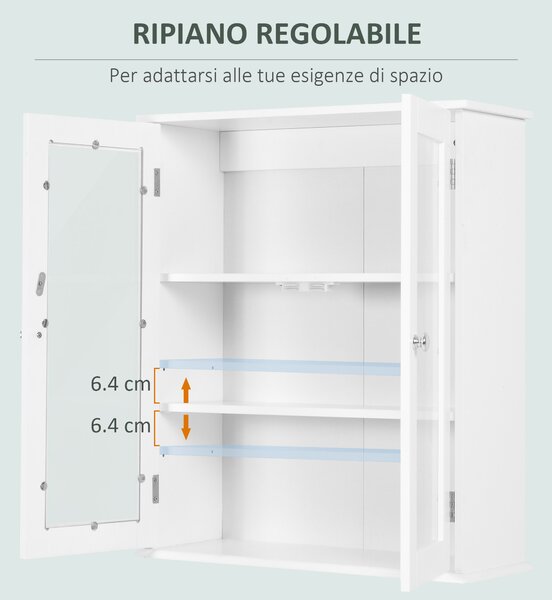 Kleankin Armadietto Pensile Bagno a 2 Ante in Legno e Vetro con Ripiano Regolabile, 55x20x65 cm, Bianco