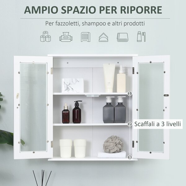Kleankin Armadietto Pensile Bagno a 2 Ante in Legno e Vetro con Ripiano Regolabile, 55x20x65 cm, Bianco