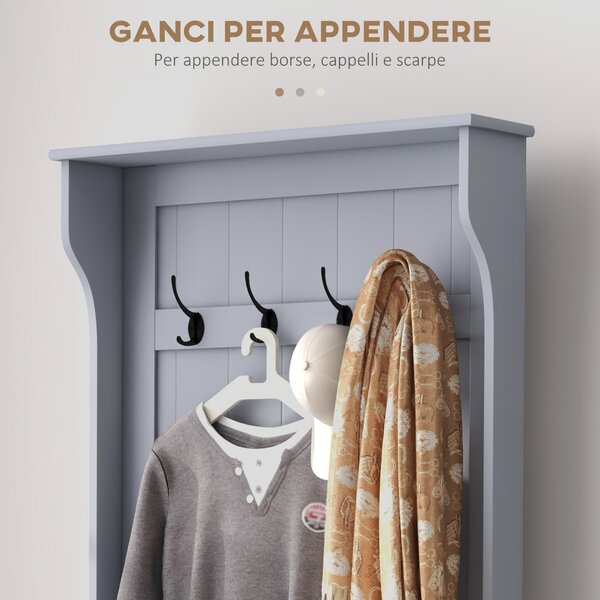 HOMCOM Mobile Appendiabiti 3 in 1 con 4 Ganci e Panca Contenitore, in Legno, 71.5x39.5x170 cm, Grigio