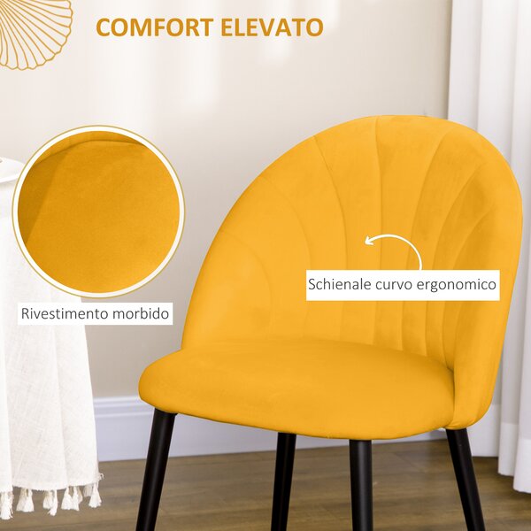 HOMCOM Set 2 Sedie da Pranzo Design Nordico in Metallo e Tessuto Effetto Velluto Giallo e Nero, 52x54x79 cm
