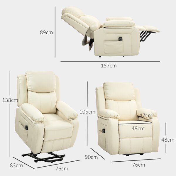 HOMCOM Poltrona imbottita Alzapersona Reclinabile a 160° con Poggiapiedi e Telecomando, in Pelle PU e Acciaio, 76x90x105 cm, Crema | Aosom Italy