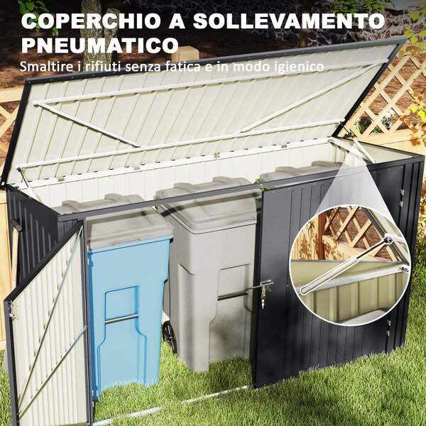 Outsunny Copribidoni in Acciaio per 3 Cassonetti da 240L con 2 Porte e Coperchio, 233x105x118.5/133 cm, Grigio Scuro