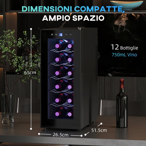 HOMCOM Frigorifero con Doppio Controllo Temperatura, Ripiani Regolabili e Luci, Cantinetta per 12 Bottiglie, Nero | Aosom Italy