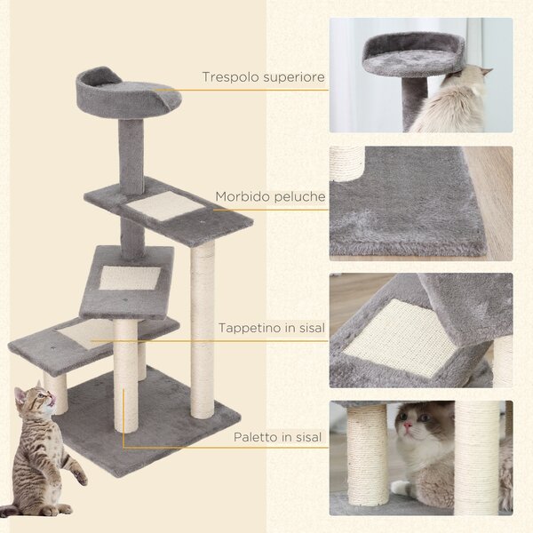 PawHut Tiragraffi per Gatti da 100cm con Lettino Rotondo, Pali in Sisal e Rivestimento in Peluche, Grigio