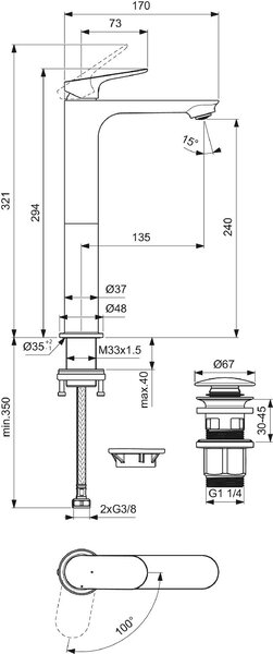 IDEAL STANDARD Miscelatore Lavabo Rubinetto Bagno Monocomando Bocca Alta finitura Cromo - Ceralife O BE013AA