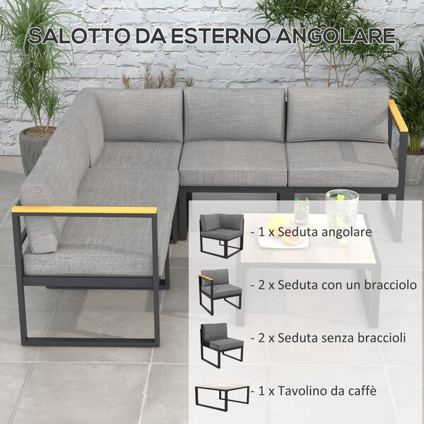 Outsunny Salotto da Giardino con Divano e Tavolino in Alluminio con Cuscini Imbottiti, Grigio|Aosom